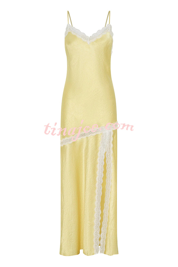 Sweet Trend Satin Lace Trim V-neck Slit Slip Maxi Dress