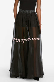 Avant-garde Fashion Denim Flowing Organza Patchwork Pocketed Wide Leg Jeans