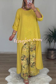 Linen Blend Crew Neck Long Sleeve Irregular Loose Top and Elastic Waist Floral Print Casual Pocket Set