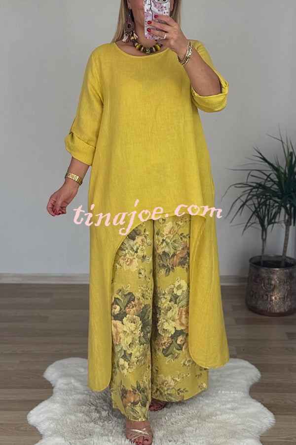 Linen Blend Crew Neck Long Sleeve Irregular Loose Top and Elastic Waist Floral Print Casual Pocket Set