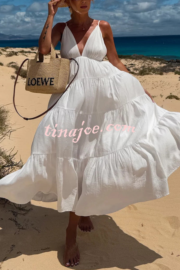 Bohemian Style V-neck Backless Slip Layered Vacation Maxi Dress