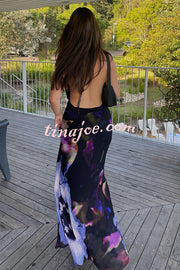 Bold and Sexy Tie-dye Abstract Floral Halter Drape Neck Backless Maxi Dress