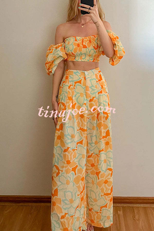 Quinci Floral Puff Sleeve Smocked Top and Elastic Waist Pocketed Loose Pants Set