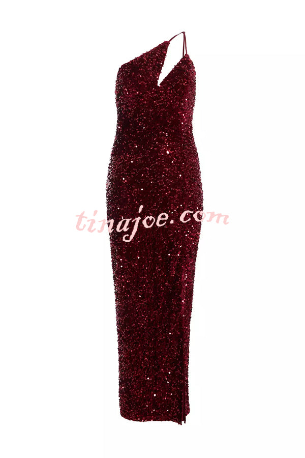 Glam Day Velvet Sequin One Shoulder Cutout Detail Slit Stretch Maxi Dress