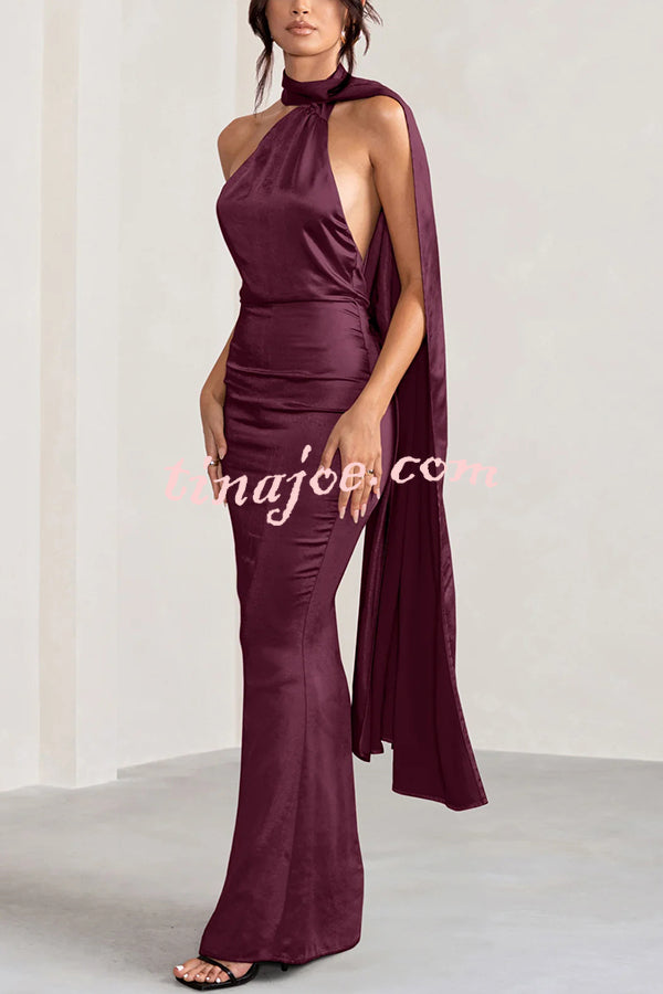 VIP Party Satin Asymmetric Scarf Neck Backless Maxi Dress