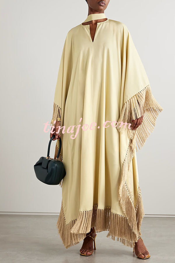 Excellent Drape Crepe Ribbon Neck Fringed Trim Kaftan Maxi Dress