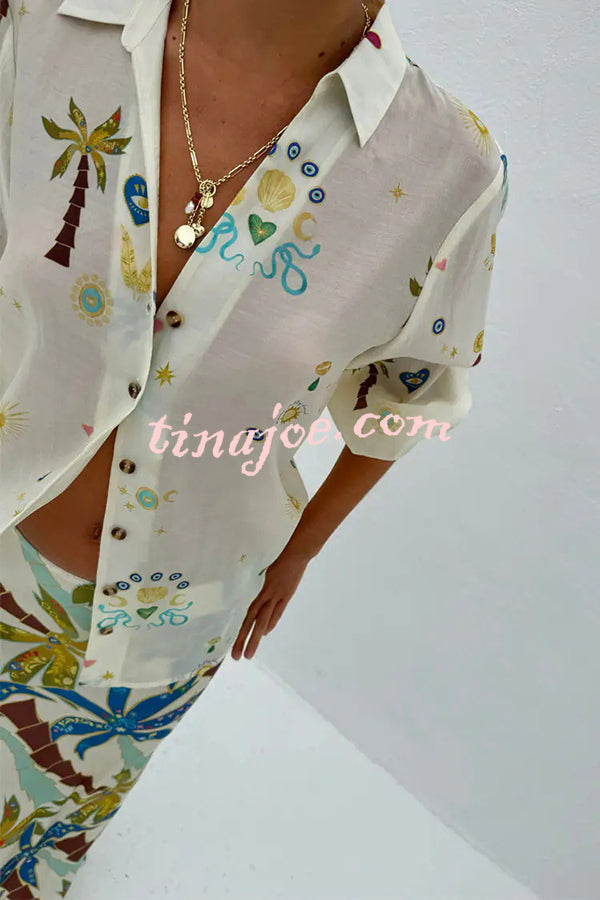 Linen Blend Resort Coconut Palm Print Long Sleeve Lapel Shirt and Elastic Waist Casual Pocket Shorts Set