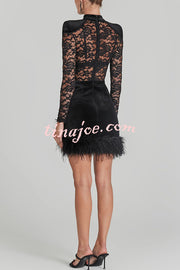 Freya Floral Lace Velvet Patchwork Feather Trim Ruched Stretch Mini Dress