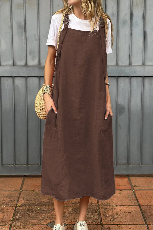 Linen Blend Fashion Adjustable Straps Casual Pocket Midi Dress