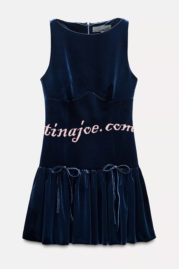 Solid Velvet Bow Embellished Sleeveless Mini Dress