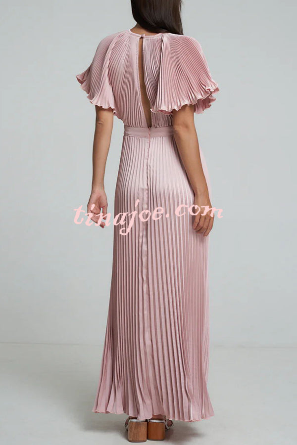 Flash Goddess Satin Pleated Bell Sleeve Cutout Detail Gown Maxi Dress