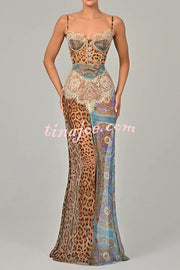 Chiffon Leopard Print Sexy Lace Splicing High Slit Slim Maxi Dress