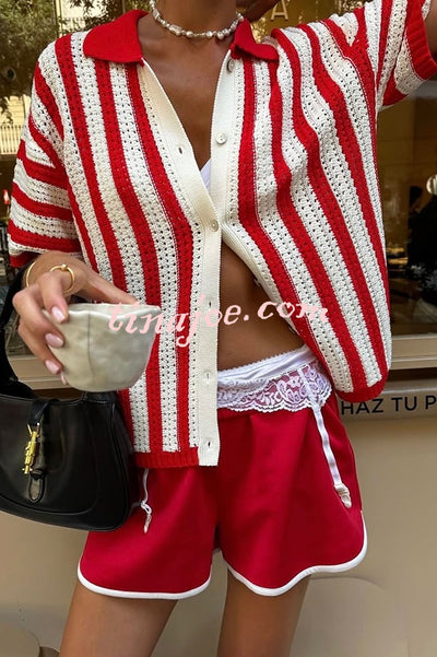 Fashionable Red and White Contrast Lapel Short-sleeved Knitted Top