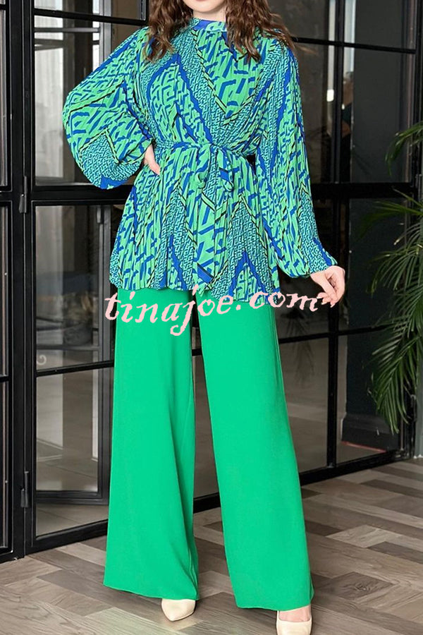 Unique Printed Puff Sleeve Pleated Loose Top and Casual Wide-leg Pants Set