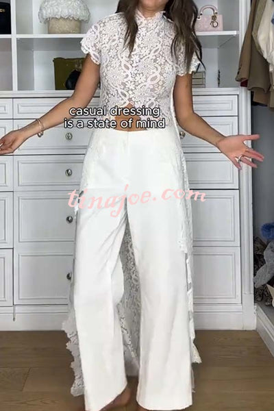 Elegant Personality Floral Lace Short Sleeve Front Slit Maxi Top