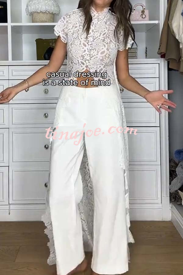 Elegant Personality Floral Lace Short Sleeve Front Slit Maxi Top