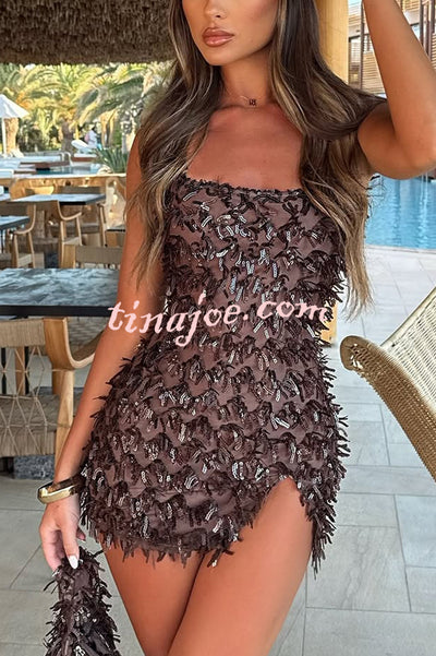 Sexy Square Neck Open Back Sequined Tassel Slim Mini Dress