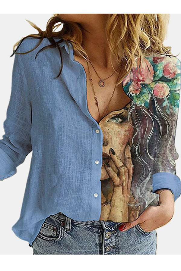 Figure Print Button Design Long Sleeve Casual Blouse