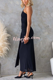 Solid Color Elegant Mesh One Shoulder Sexy Waist Hollow Out Maxi Dress