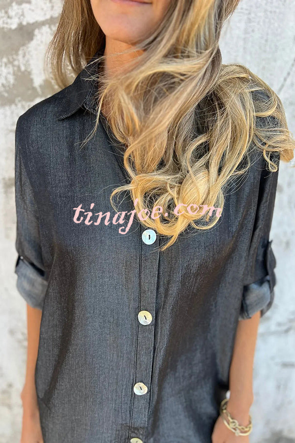 Solid Color Imitation Denim Casual Button Mid-length Shirt