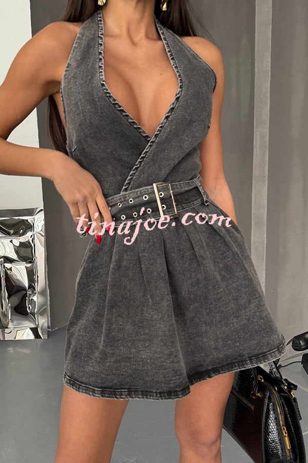 Fashionable Halterneck Open-back Belted Denim Mini Dress