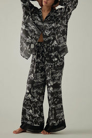 Unique Printed Lounge Long-sleeved Shirt and Elastic Waisted Baggy Pants Set