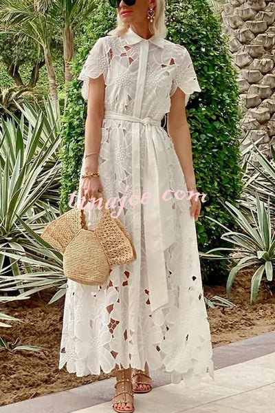 Dubai Style Floral Crochet Lace Short Sleeve Tie-up Shirt Maxi Dress