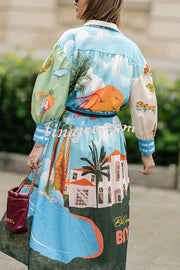 Unique Printed Lantern Sleeve Drawstring Shirt Resort Style Midi Dress