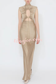 Genis Hollow Elastic Bust High Neck Sleeveless Gathered Maxi Dress