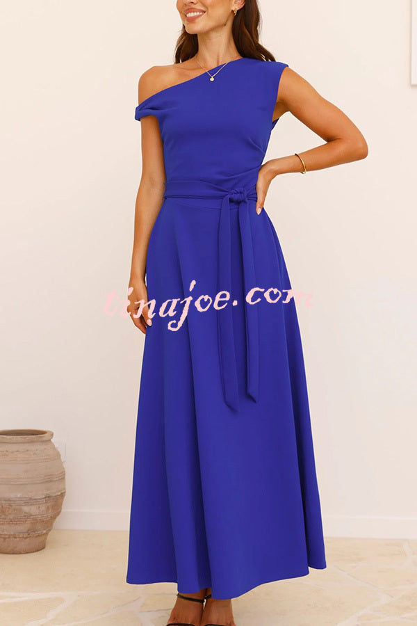 Solid Color Sloped Collar Slim Fit Waist Lace Up Full Hem Maxi Dress