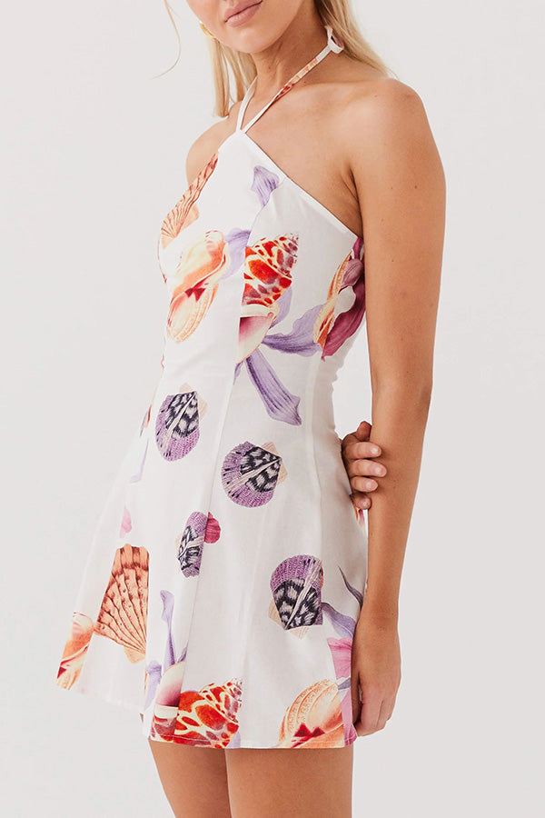 Seaside Bouquet Linen Blend Shells Unique Print Halter Mini Dress