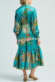 Resort Style satin Unique Printed Lapel Lantern Sleeve Lace-up Midi Dress