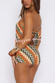 Colorful Zigzag Pattern Sexy One Shoulder Halter Top and Lace Resort Shorts Set
