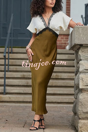 Fashionable Contrast Color V-neck Lace Stitching Maxi Dress