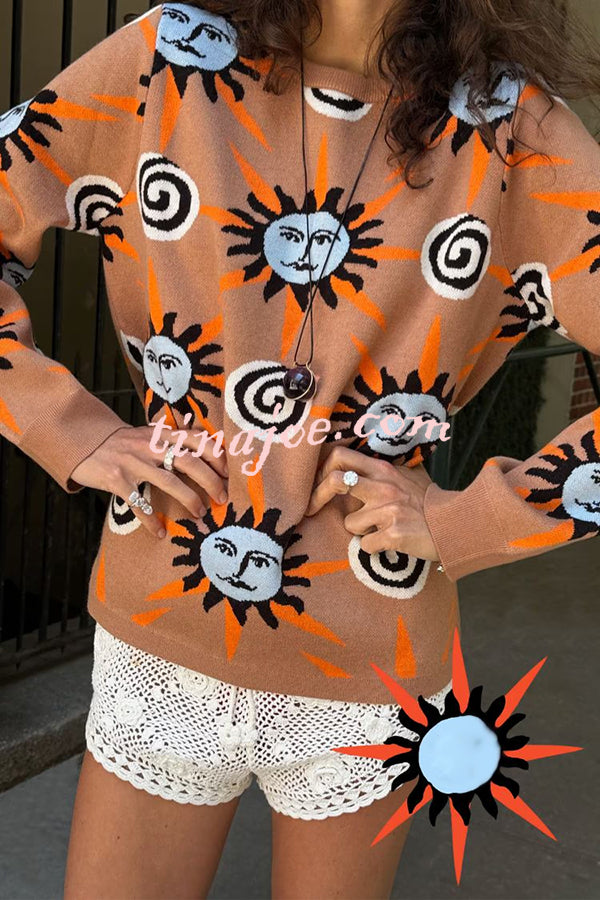 Mediterranean Art Knit Unique Sun Vortex Print Long Sleeve Relaxed Sweater