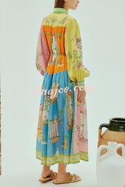Unique Print Lapel Lantern Sleeve Single Breasted Tie Waist Midi Dress