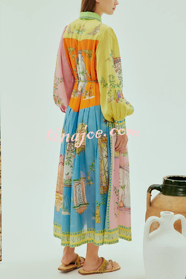 Unique Print Lapel Lantern Sleeve Single Breasted Tie Waist Midi Dress