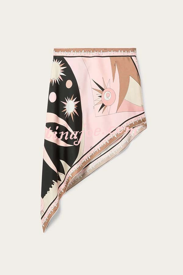 Anzio Satin Unique Print Halter Tie-up Tank and Irregular Hem Mini Skirt Set