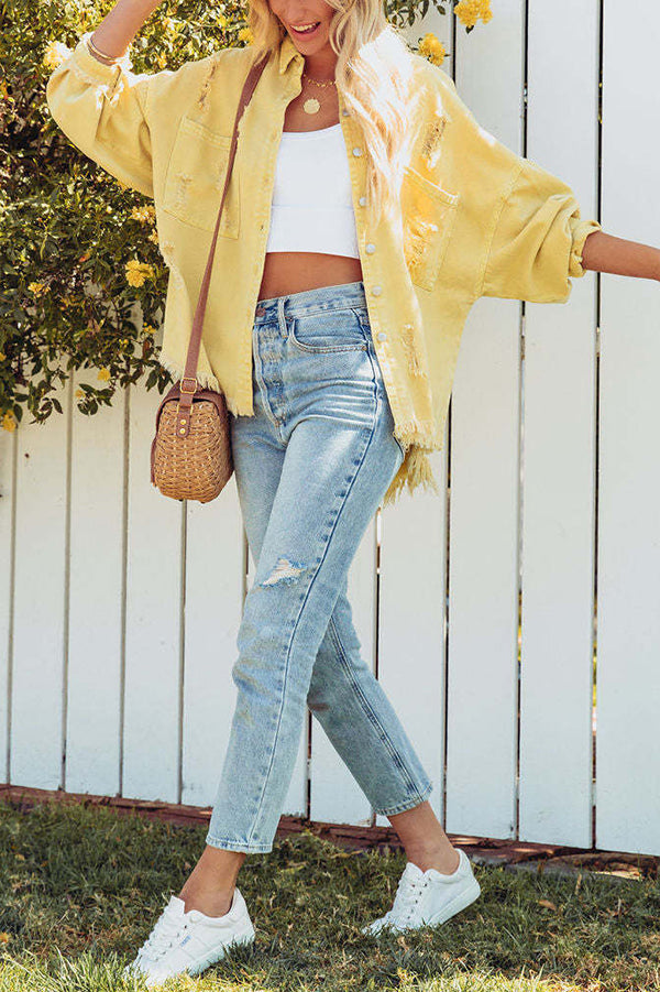 Stylish Lapel Long Sleeve Ripped Denim Jacket