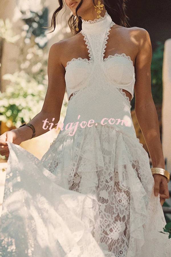A Girls' Trip Lace High Neck Cutout Drop Waist Ruffles Maxi Dress
