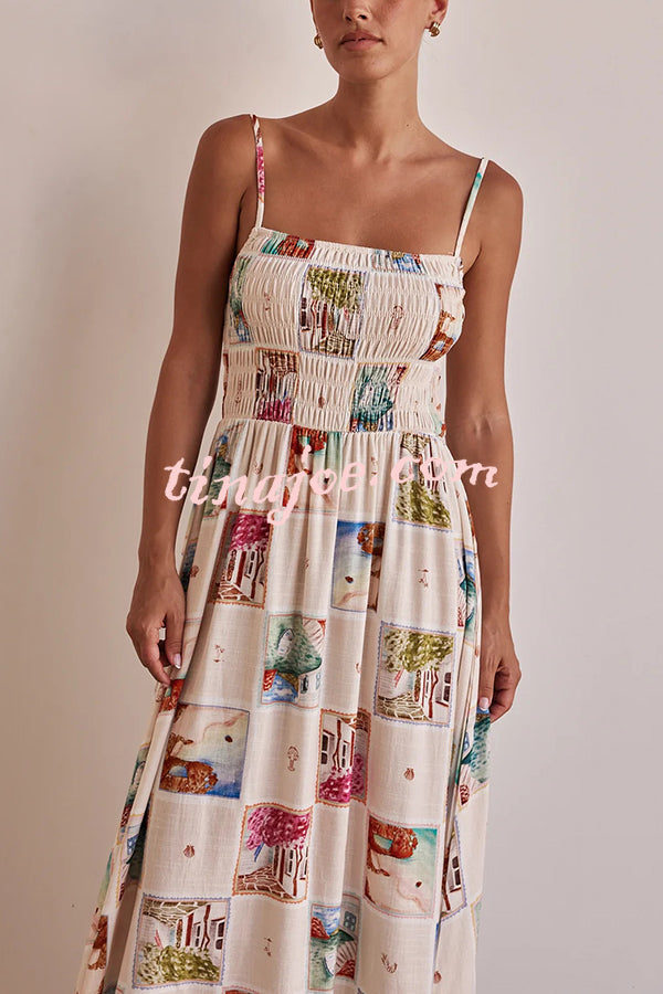 Unique Printed Sling Backless Elastic Pleated Maxi Dress