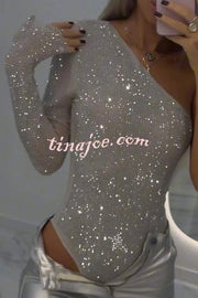 Solid Color Sequined One-shoulder Slim-fit Rompers