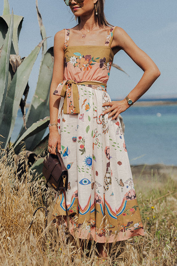 Summer Vibes Linen Blend Unique Print Smocked Belt Midi Dress