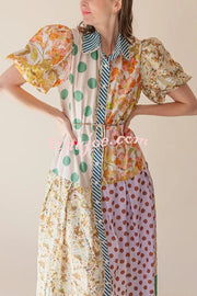 Linen Blend Unique Print Lapel Puff Sleeve Casual Midi Dress