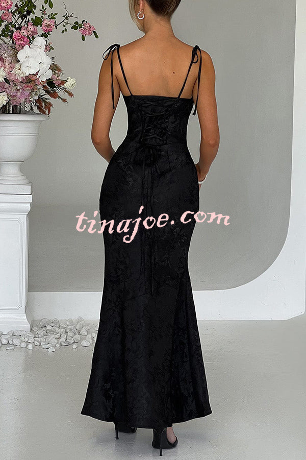 Jacquard Fabric Elegant Suspender Tie Slim Fishtail Maxi Dress