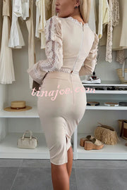 Career Beauty Lace Paneled Long Bell Sleeve Crop Top and High Rise Mini Skirt Set