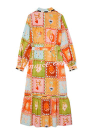 Linen Blend Unique Printed Long Sleeve Lapel Tie-waist Midi Dress