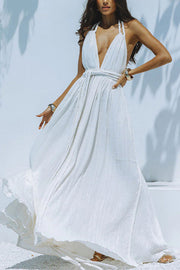 Summer Whispers Linen Blend Draped Braids Deep V-neck Halter Backless Cover Up Maxi Dress