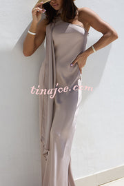 Cheers Babe Satin Solid Color Elegant One Shoulder Tie Maxi Dress