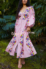 Garden Party Linen Blend Floral Print Button Balloon Sleeve Pocketed Maxi Dress